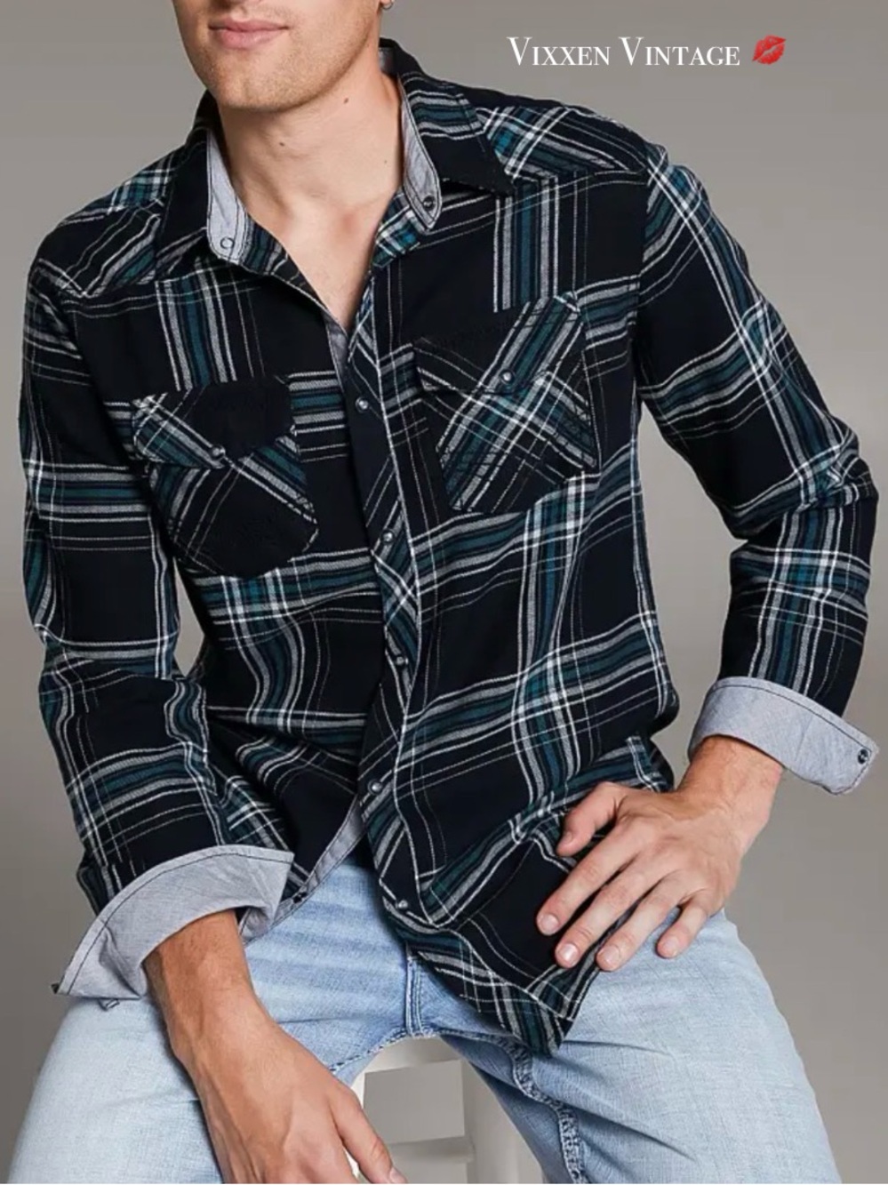 BKE 'PLAID STANDARD SHIRT' IN BLACK GRAY TEAL